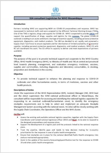 SSA consultant Logistician for WHO Mozambique